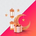 Islamic product display mock up. Podium, crescent moon, lantern, gift box. Ramadan, Islamic New Year. 3D rendering. clipping paht