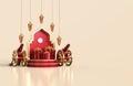 Islamic ramadan greeting background with arabic lantern, gift box, traditional cannon, and round podium with mosque ornament - 3d Royalty Free Stock Photo