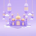 islamic ramadan greeting background with cute 3d mosque and islamic crescent with lantern