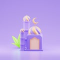 islamic ramadan greeting background with cute 3d mosque and islamic crescent with lantern