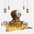 Islamic ramadan with podium, traditional drum, arabic lanterns, and gift boxes. Islamic drum on the podium. 3D rendering Royalty Free Stock Photo