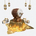 Islamic ramadan with podium, traditional drum, arabic lanterns, and gift boxes. Islamic drum on the podium. 3D rendering Royalty Free Stock Photo