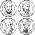 Islamic scientists stamp set, in line art portrait