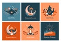 Islamic square banners with greetings. Ramadan Mubarak. Eid al-Fitr. Badges in boho oriental style.