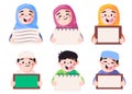 islamic students boys and girls holding small board to write your text or idea here modern cartoon flat color isolated Royalty Free Stock Photo