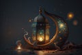 A Islamic-themed post for Ramadan featuring a crescent moon and stars, illuminated with lights against a nighttime background. AI