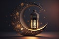 A Islamic-themed post for Ramadan featuring a crescent moon and stars, illuminated with lights against a nighttime background. AI