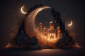 A Islamic-themed post for Ramadan featuring a crescent moon and stars, illuminated with lights against a nighttime background. AI
