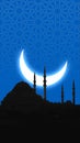 Islamic vertical concept vector. Silhouette of a mosque and crescent moon
