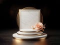 islamic white gold marble podium with arabic lantern and peach roses, ai generated