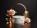 islamic white gold marble podium with arabic lantern and peach roses, ai generated