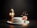 ramadan islamic white gold marble podium with arabic lantern and peach roses, ai generated