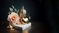 islamic white marble podium with gold arabic lantern, gold heart and peach roses, ai generated