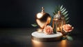 islamic white marble podium with gold arabic lantern, gold heart and peach roses, ai generated