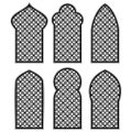 Islamic window arches vector illustration set, mashrabiya lattice pattern, Arabic oriental architectural design frames, isolated. Royalty Free Stock Photo