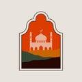 Islamic window mountain landscape. Modern arabian arch mosque dome oriental abstract boho art. Vector illustration Royalty Free Stock Photo
