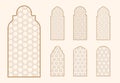Islamic window shape with mashrabiya pattern. Arabic door frame. Islamic arhitecture elements of window and door and Royalty Free Stock Photo