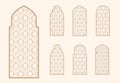 Islamic window shape with mashrabiya pattern. Arabic door frame. Islamic arhitecture elements of window and door and Royalty Free Stock Photo