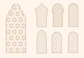 Islamic window shape with mashrabiya pattern. Arabic door frame. Islamic arhitecture elements of window and door and Royalty Free Stock Photo