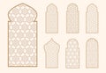 Islamic window shape with mashrabiya pattern. Arabic door frame. Islamic arhitecture elements of window and door and Royalty Free Stock Photo