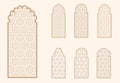 Islamic window shape with mashrabiya pattern. Arabic door frame. Islamic arhitecture elements of window and door and Royalty Free Stock Photo