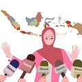 Islamic women front microphone interview mass media news background of indonesian island map with flat cartoon style