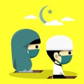 Islamic worship. Prayer. Holy month of Ramadan Muslims. Cute character Muslims worship wearing mask prevents virus