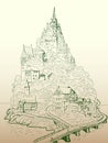 Castle on the bank of the river. Hand drawn vector illustration Royalty Free Stock Photo