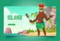 Island banner with black man in tiki mask on beach Royalty Free Stock Photo