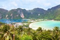 Island beach, palm trees, mountains and bay with boats top view, Phi Phi Island, Thailand Royalty Free Stock Photo