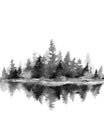 Island with black foggy trees. Monochrome landscape. Minimalist illustration. Watercolour isolatedon white background. Royalty Free Stock Photo