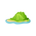 Island in blue water with plants and mountain hills covered by green grass. Natural flat vector element for mobile game