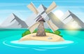 Island cartoon. Mountain, sun, cloud, wind mill, sea and bush.