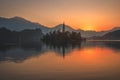 An Island with Church in Bled Lake, Slovenia at Sunrise Royalty Free Stock Photo