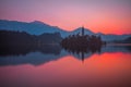 An Island with Church in Bled Lake, Slovenia at Sunrise Royalty Free Stock Photo