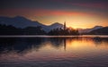 Island with Church in Bled Lake, Slovenia at Sunrise Royalty Free Stock Photo