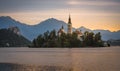 Island with Church in Bled Lake, Slovenia at Sunrise Royalty Free Stock Photo