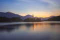 Island with Church in Bled Lake, Slovenia at Sunrise Royalty Free Stock Photo