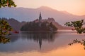 An Island with Church in Bled Lake, Slovenia at Sunrise Royalty Free Stock Photo