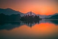 An Island with Church in Bled Lake, Slovenia at Sunrise Royalty Free Stock Photo