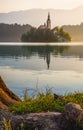 Island with Church in Bled Lake, Slovenia at Sunrise Royalty Free Stock Photo