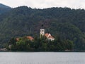 Bled, Slovenia - Aerial view of beautiful Bled Castle Blejski Grad with Lake Bled Blejsko Jezero on a bright summer day Royalty Free Stock Photo