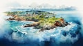 Coastline Watercolor Painting: Ocean Island Castle In Motion Blur Panorama