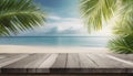 Island Dreams. Wood Tabletop Oasis with Seascape Backdrop. Royalty Free Stock Photo