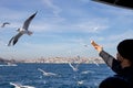 Island Ferry Ada Vapuru. Some of the ferry passengers feed seagulls. Passenger ferryboats from Istanbul sail regularly to the Pr