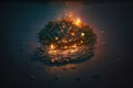 an island of floating trash that is illuminated by a fire on the shore.