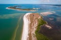 Island. Florida beach. Panorama of Honeymoon Island State Park and Caladesi Island. Blue-turquoise color of salt water.