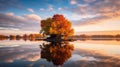 Captivating Autumn Island On Lake With Colorful Reflection