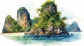 Free Watercolor Painting Of Thai Island Mysterious Jungle And Architectural Illustration