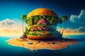 An island with hamburger on it in the middle of the ocean Generative AI